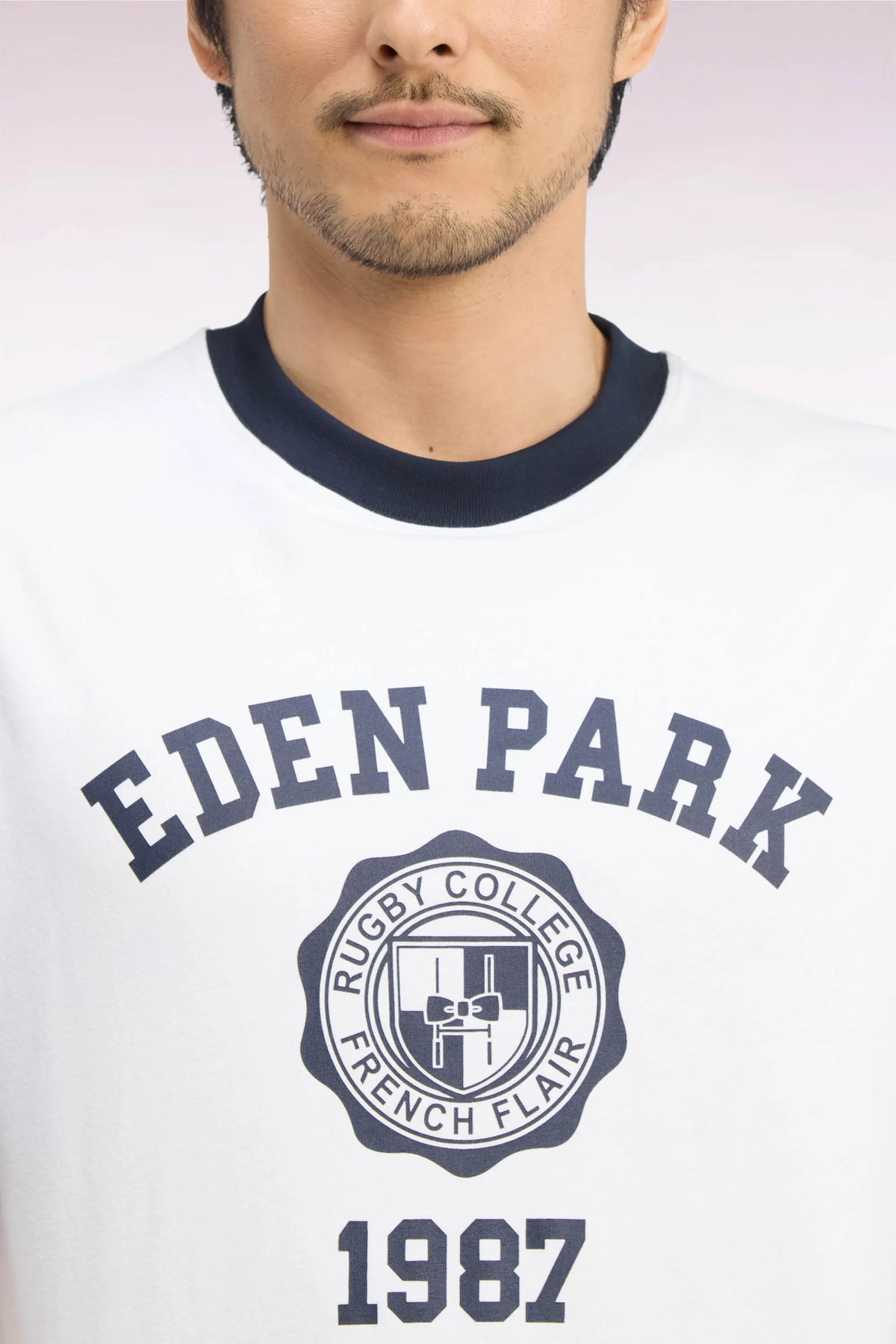 Eden Park  Men Two-Tone Short-Sleeved T-Shirt in Ecru Screen-Printed Cotton with a Straight Cut SKU: H26MAITC0029_BEC15 Image 06