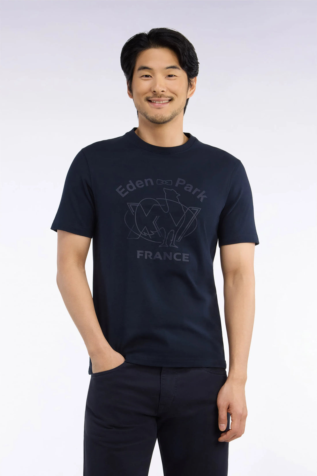 Eden Park  Men Short-Sleeved Navy Cotton T-Shirt with XV De France Screen Print Straight Cut SKU: H26MAITC0034_BLF Image 01