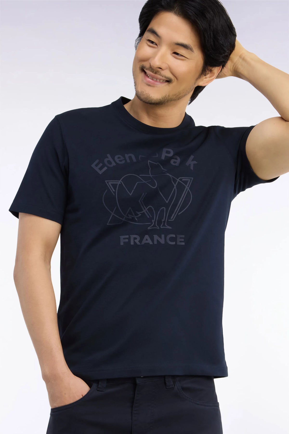Eden Park  Men Short-Sleeved Navy Cotton T-Shirt with XV De France Screen Print Straight Cut SKU: H26MAITC0034_BLF Image 03
