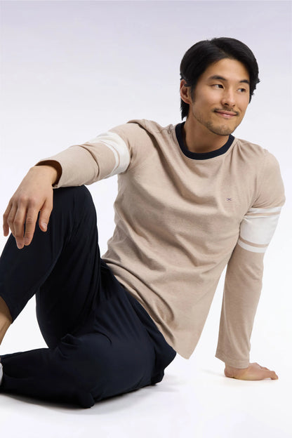 Eden Park  Men Straight-Cut Beige Combed Cotton Long-Sleeved T-Shirt SKU: H26MAITL0004_BEC13 Image 03