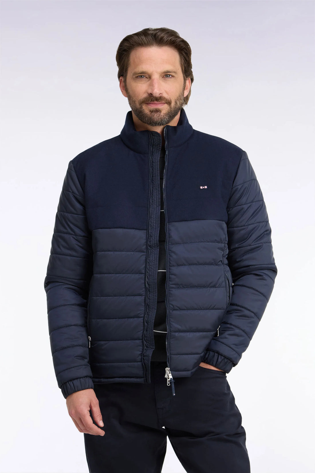 Eden Park 0 Men Two-Material Down Jacket in Nylon and Navy Flannel SKU: H26PAMDL0006_BLF Image 01