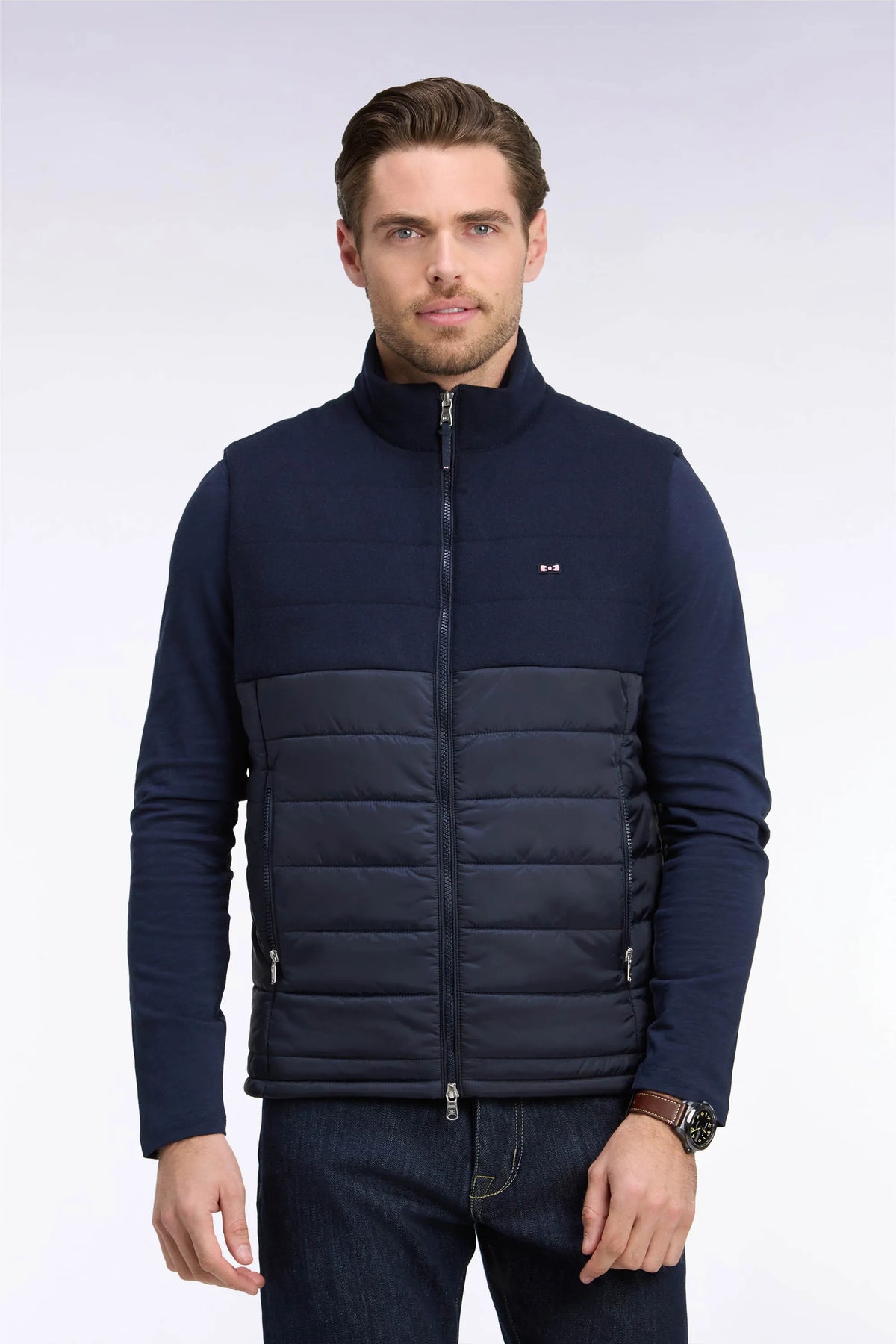 Eden Park  Men Sleeveless Double-Material Down Jacket in Nylon And Navy Flannel SKU: H26PAMDS0002_BLF Image 01