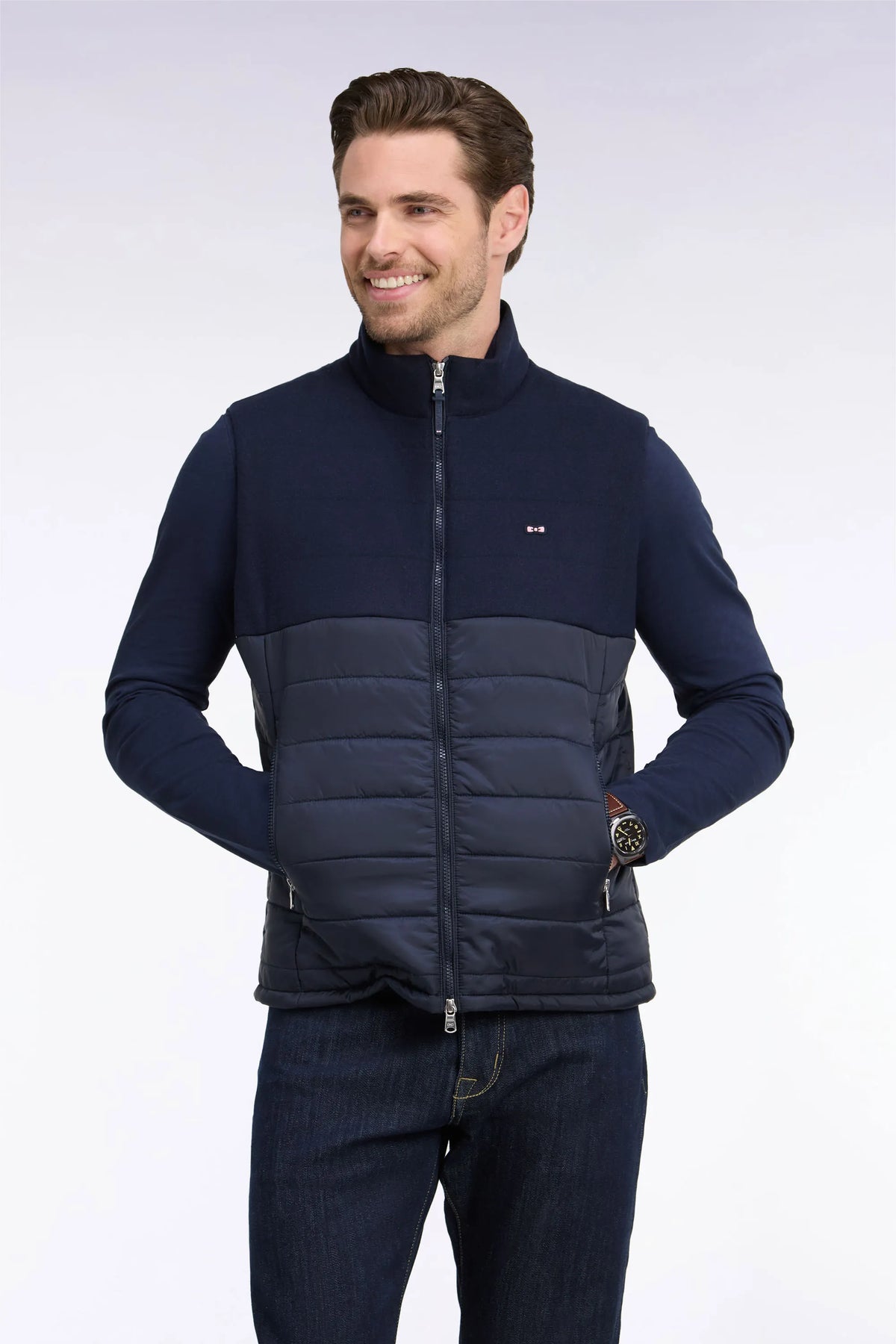 Eden Park  Men Sleeveless Double-Material Down Jacket in Nylon And Navy Flannel SKU: H26PAMDS0002_BLF Image 03