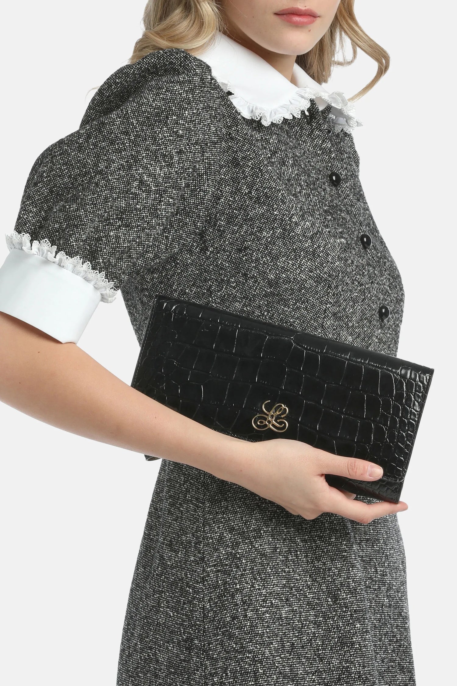 Luisa Spagnoli Nero/Oro Women Idilliaco - Crocodile-Print Leather Clutch SKU: IDILLIACO A_0101 0002 Image 02