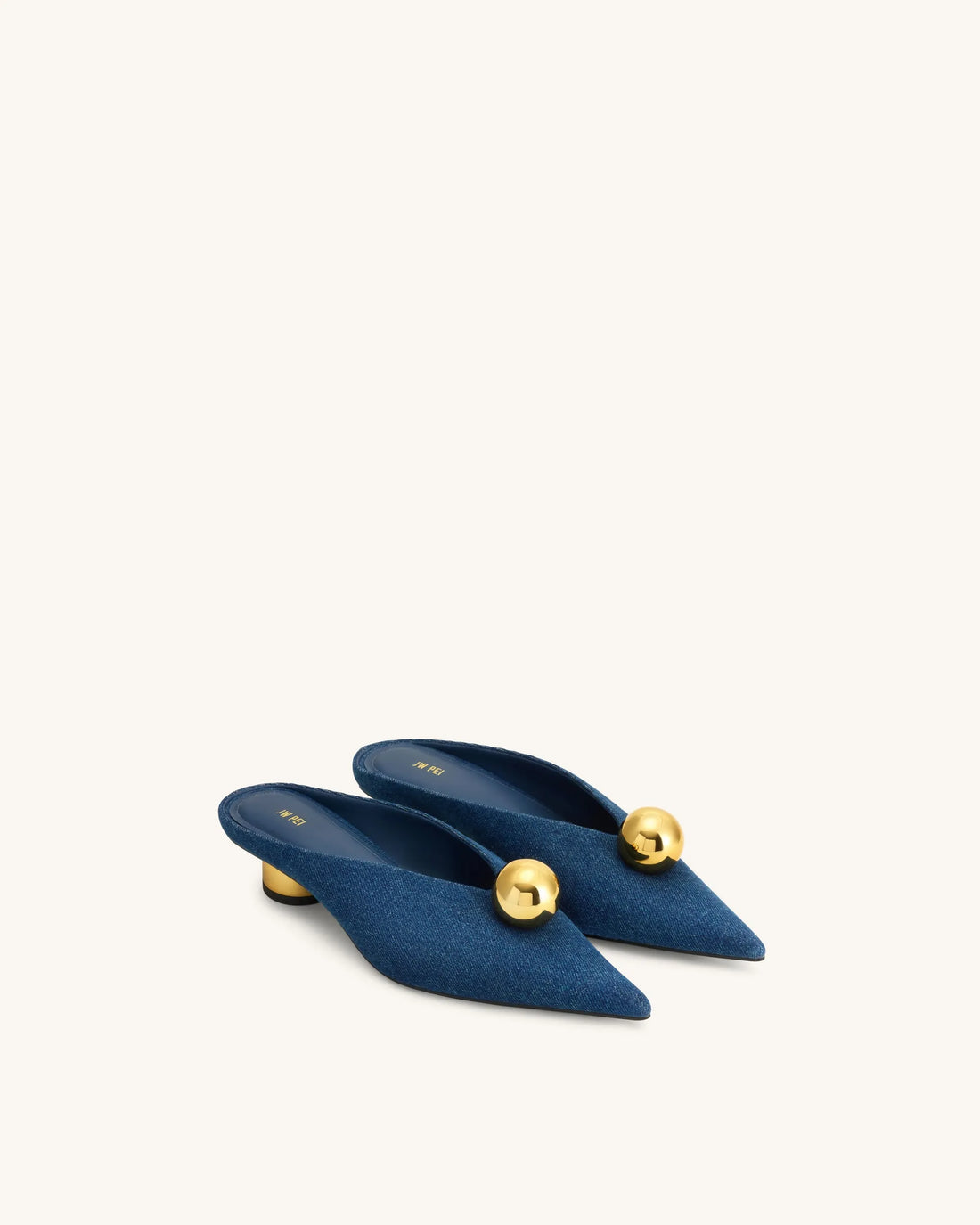 JW Pei Denim Blue Women Helena Gold Sphere Pointed Toe Mules SKU: J3120505X003-5_Denim Blue Image 02
