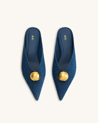 JW Pei Denim Blue Women Helena Gold Sphere Pointed Toe Mules SKU: J3120505X003-5_Denim Blue Image 03