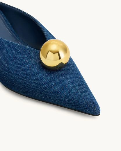 JW Pei Denim Blue Women Helena Gold Sphere Pointed Toe Mules SKU: J3120505X003-5_Denim Blue Image 05
