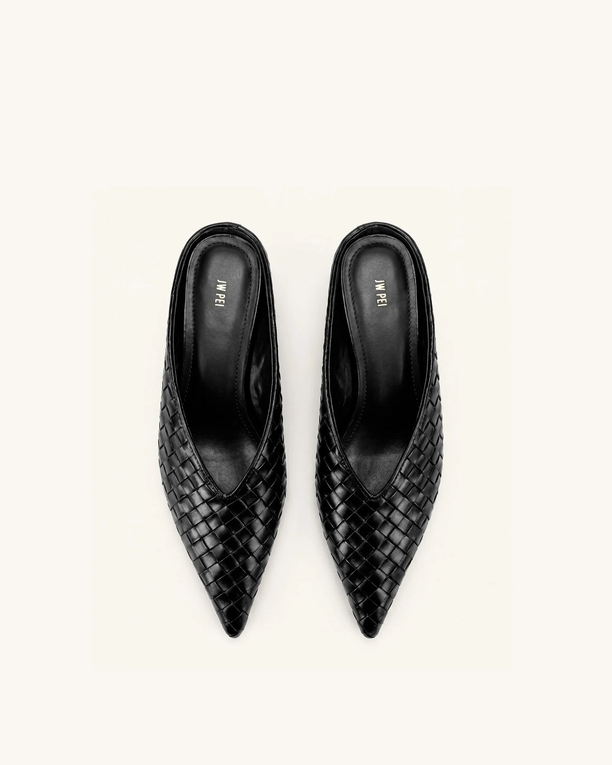 JW Pei Black Women Helena Woven Textured Pointed Toe Mules SKU: J3120505X006-1_Black Image 03