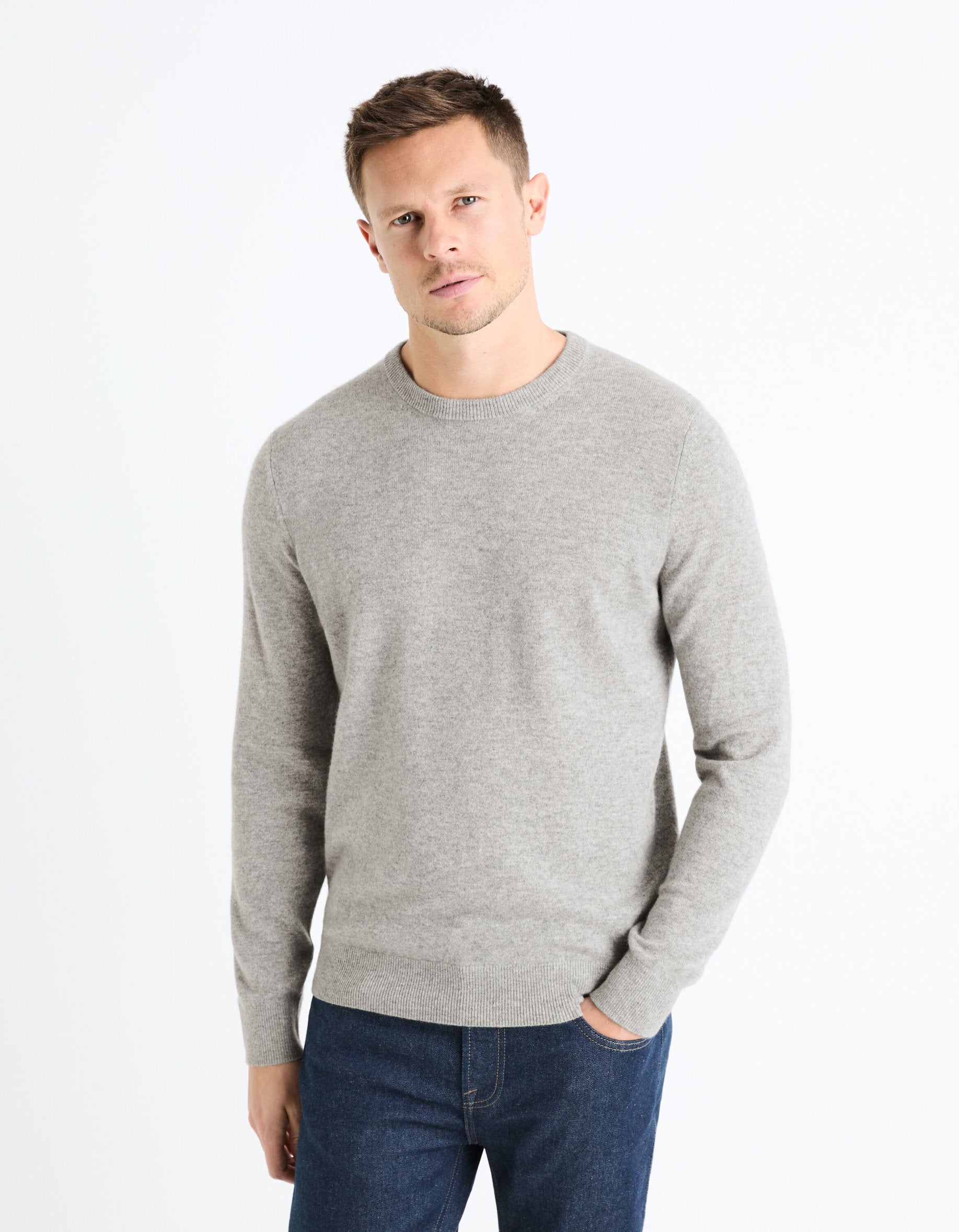 100% Cashmere Round Neck Sweater - Heather Gray_02