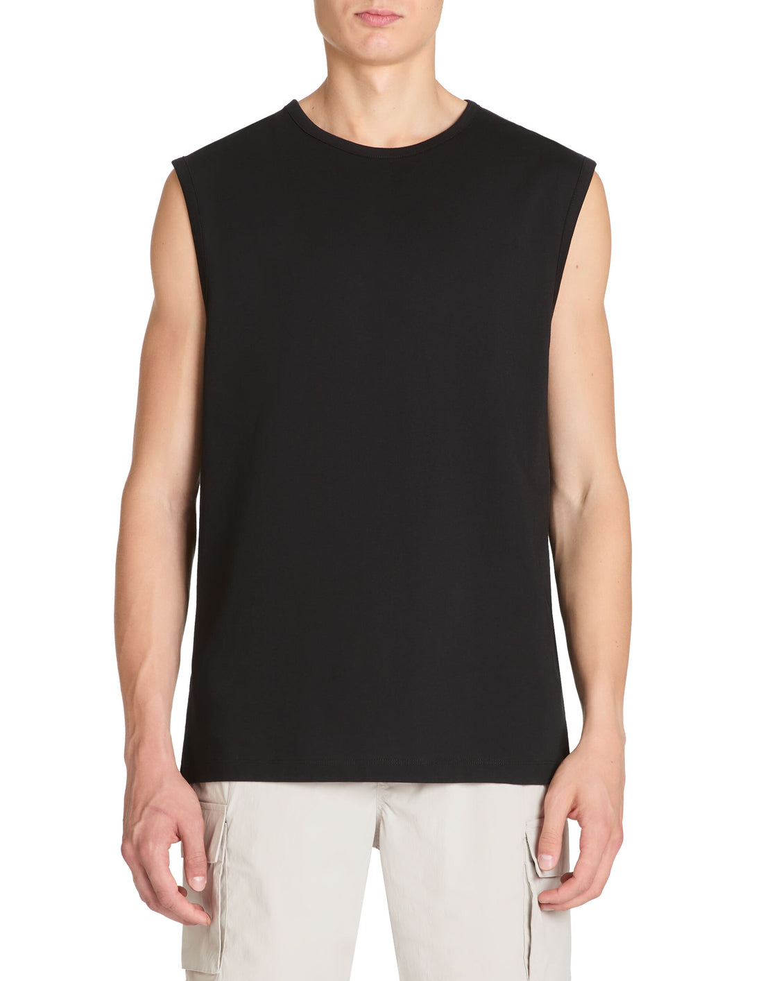 Cotton Crew Neck Tank Top - Black_02