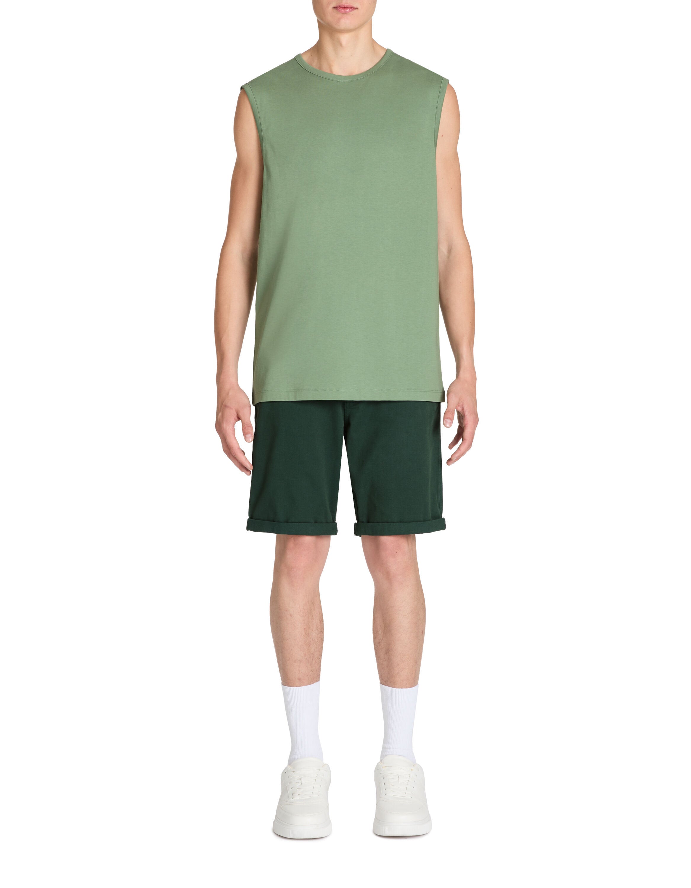 Cotton Crew Neck Tank Top - Khaki_03