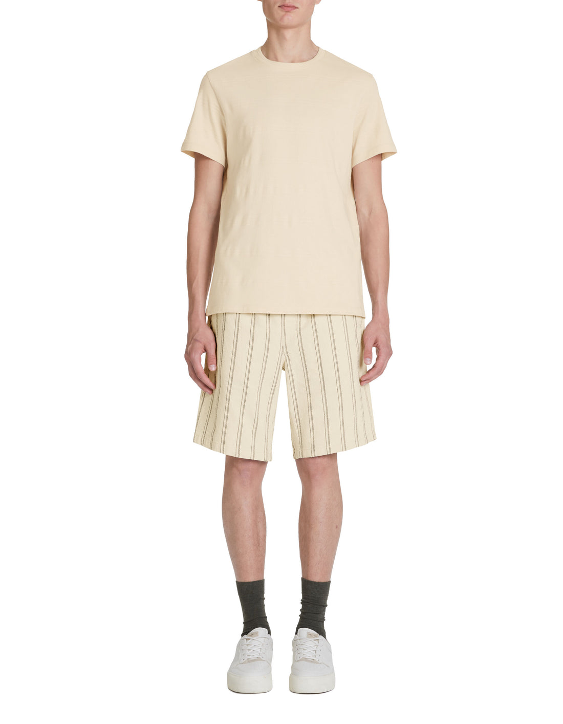 Striped Cotton Bermuda Shorts - Beige_03