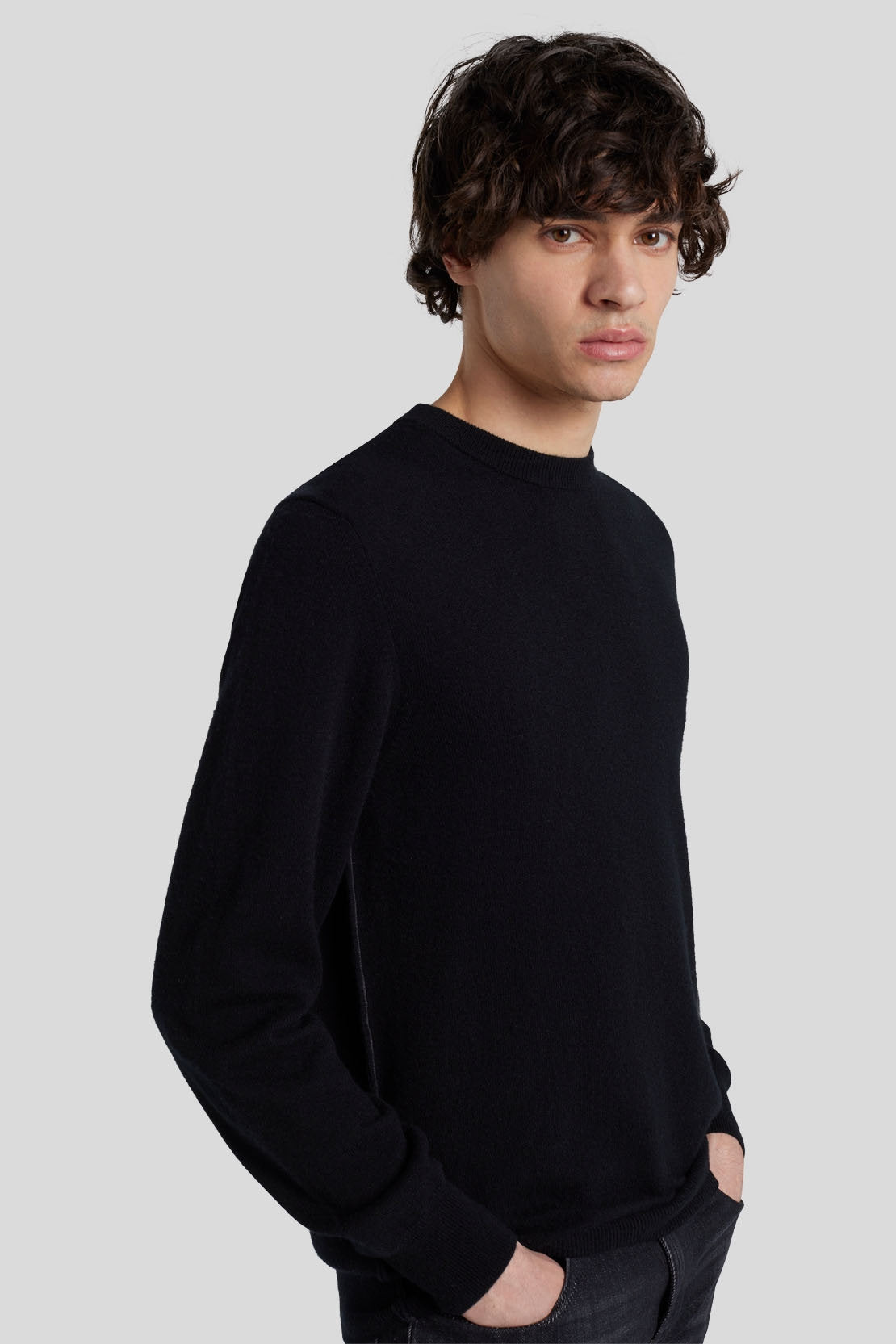 Crew Neck Knit Cashmere W/ Stitch Detail Black_JSHM2360BK_BK_02