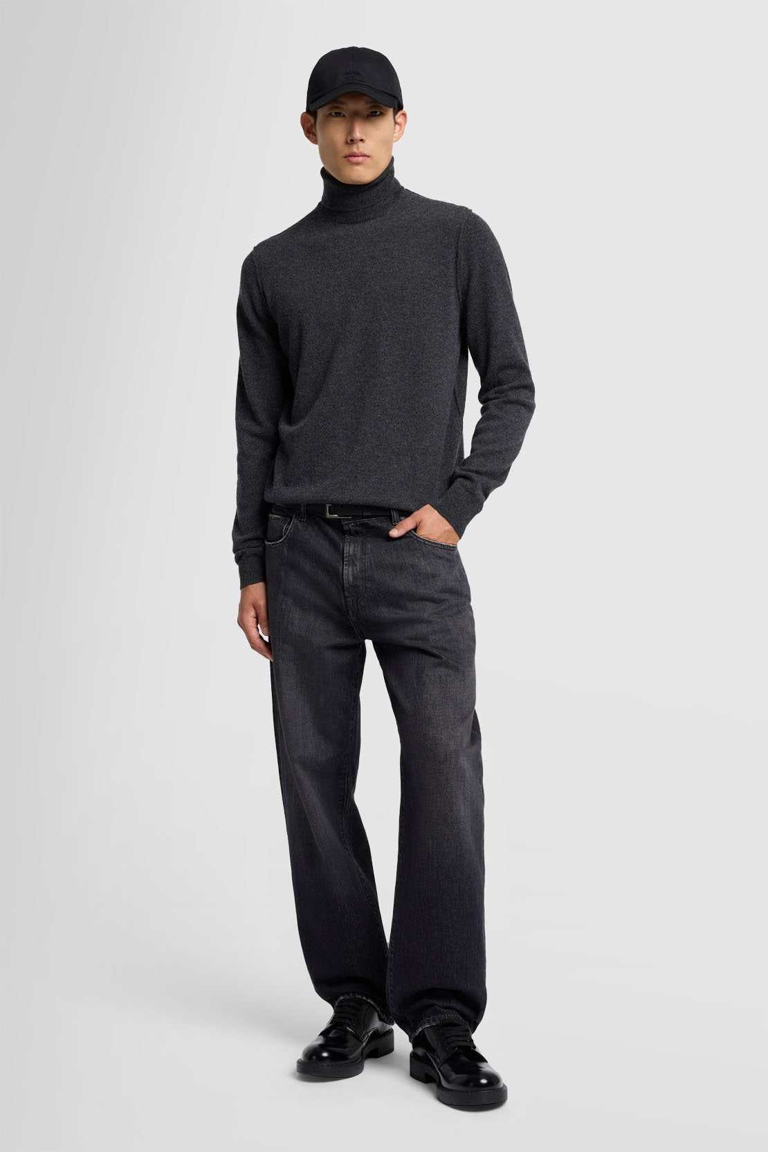 Turtle Neck Knit Cashmere W/ Stitch Detail Dark Grey_JSHM236NDG_DG_02