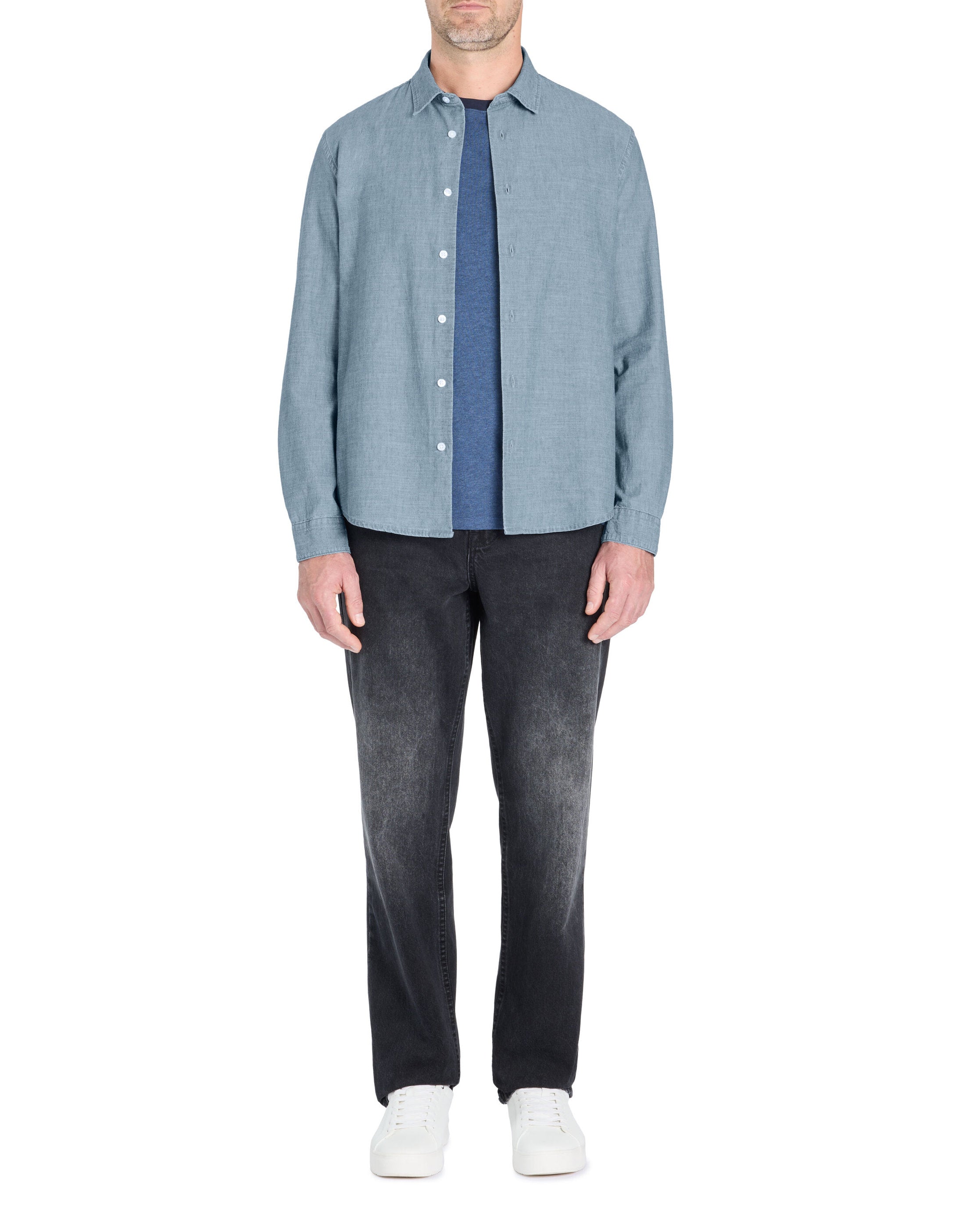 Celio_Regular Shirt in 100% Cotton Chambray - Blue_LACHAMBRAY_BLUE CHAMBRAY_02