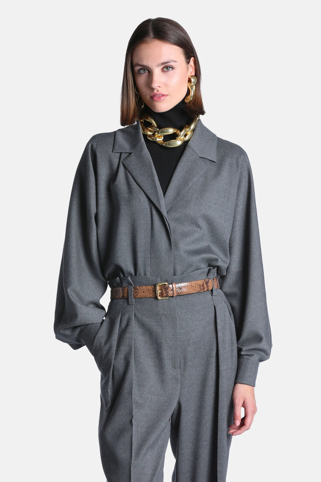 Luisa Spagnoli Grigio Melange Women Ladulas - Wool-Blend Shirt with Lapel Collar - Fashion Show SKU: LADULAS_0813 Image 01