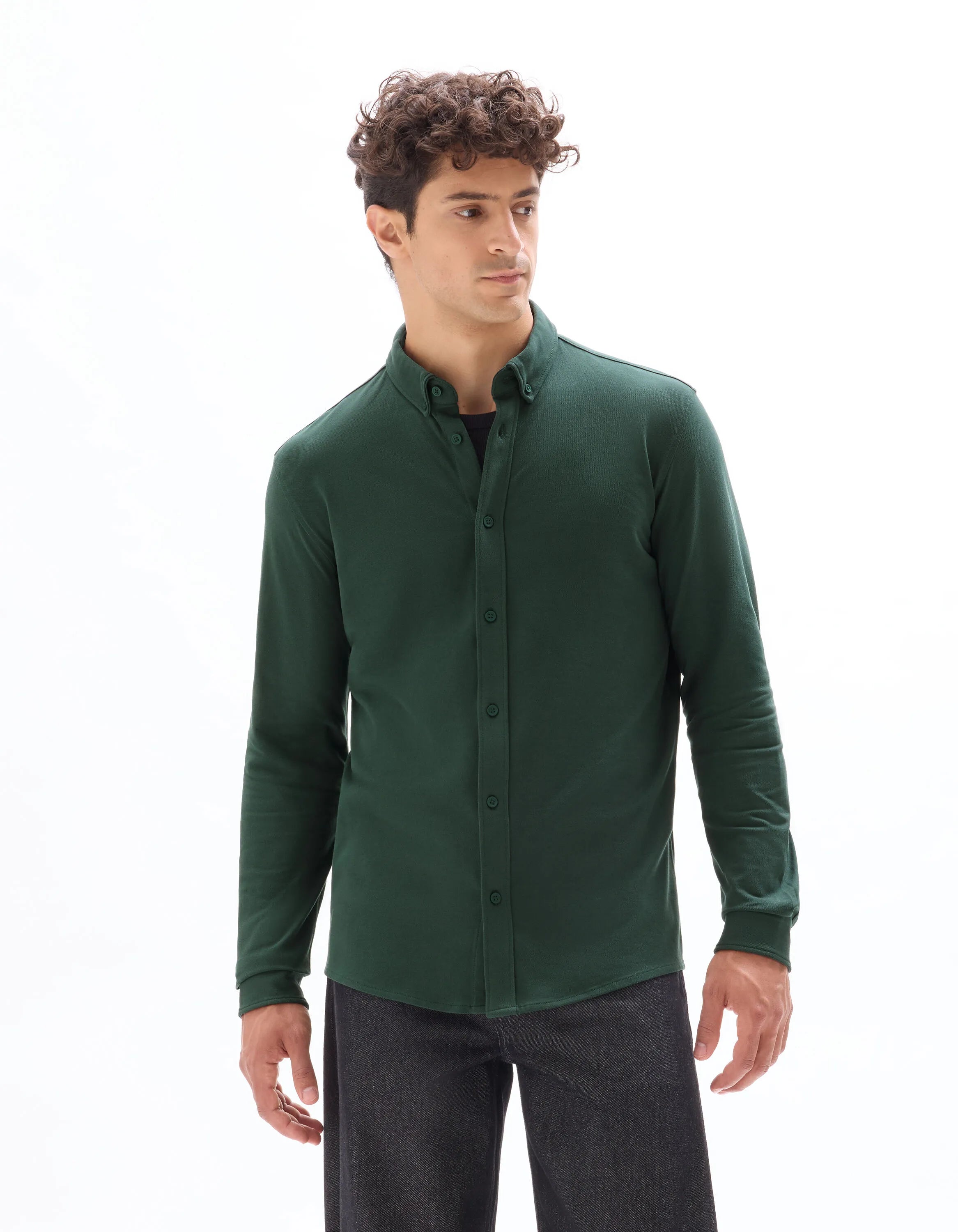 Celio_Vert Fonce_Regular Pique Cotton Shirt_LAPIC_VERT FONCE_01