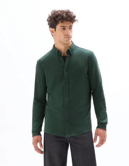Celio_Vert Fonce_Regular Pique Cotton Shirt_LAPIC_VERT FONCE_01