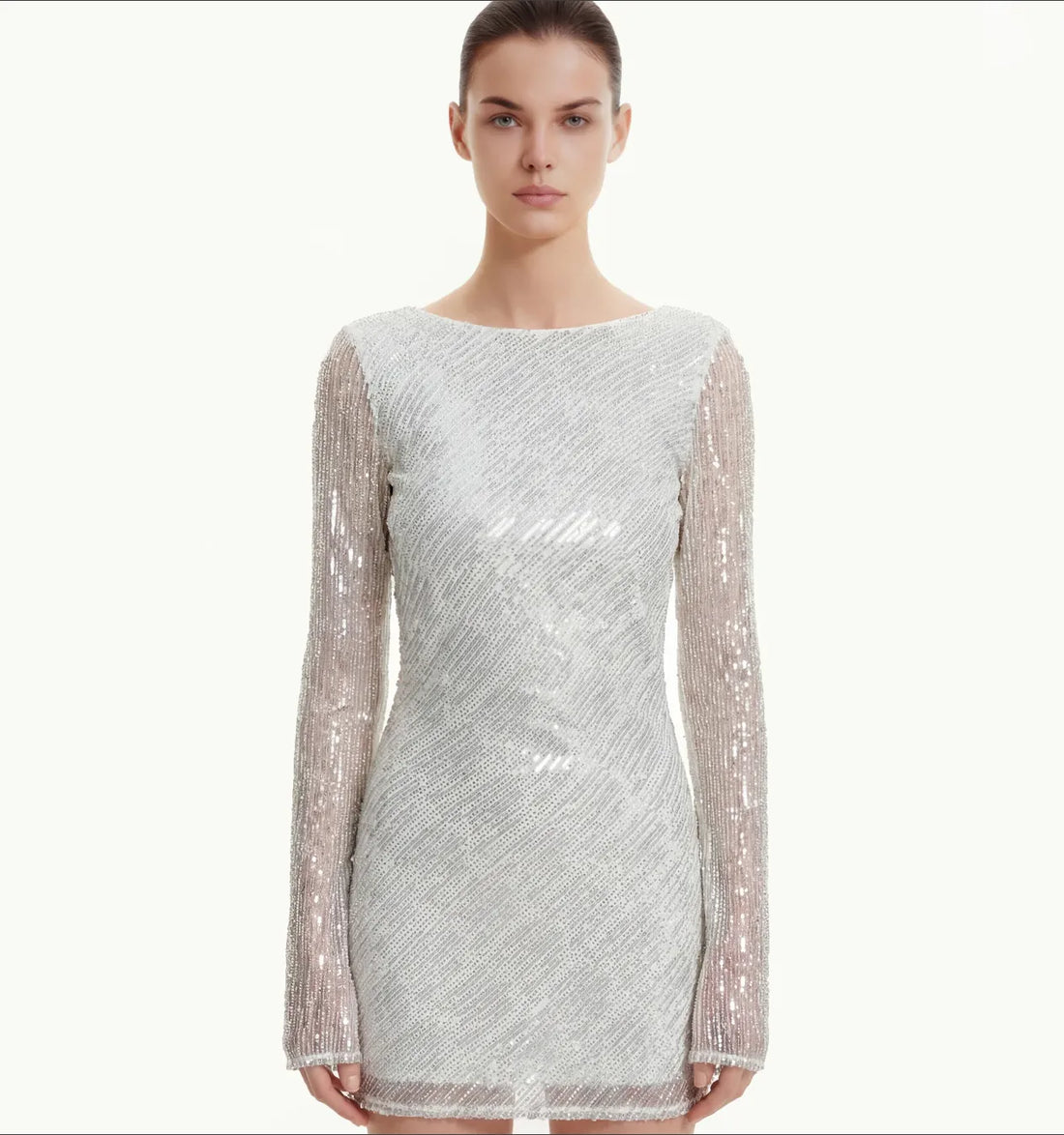JW PEI White Women Diagonal Sequin Open-Back Long Sleeve Mini Dress  SKU: LDS288-9_White Image 01