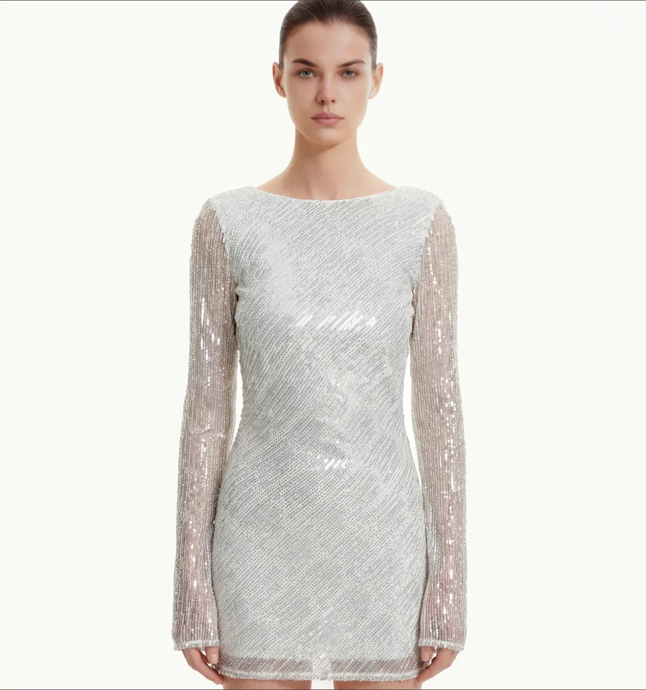 JW PEI White Women Diagonal Sequin Open-Back Long Sleeve Mini Dress  SKU: LDS288-9_White Image 01
