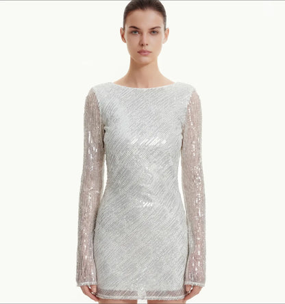 JW PEI White Women Diagonal Sequin Open-Back Long Sleeve Mini Dress  SKU: LDS288-9_White Image 01