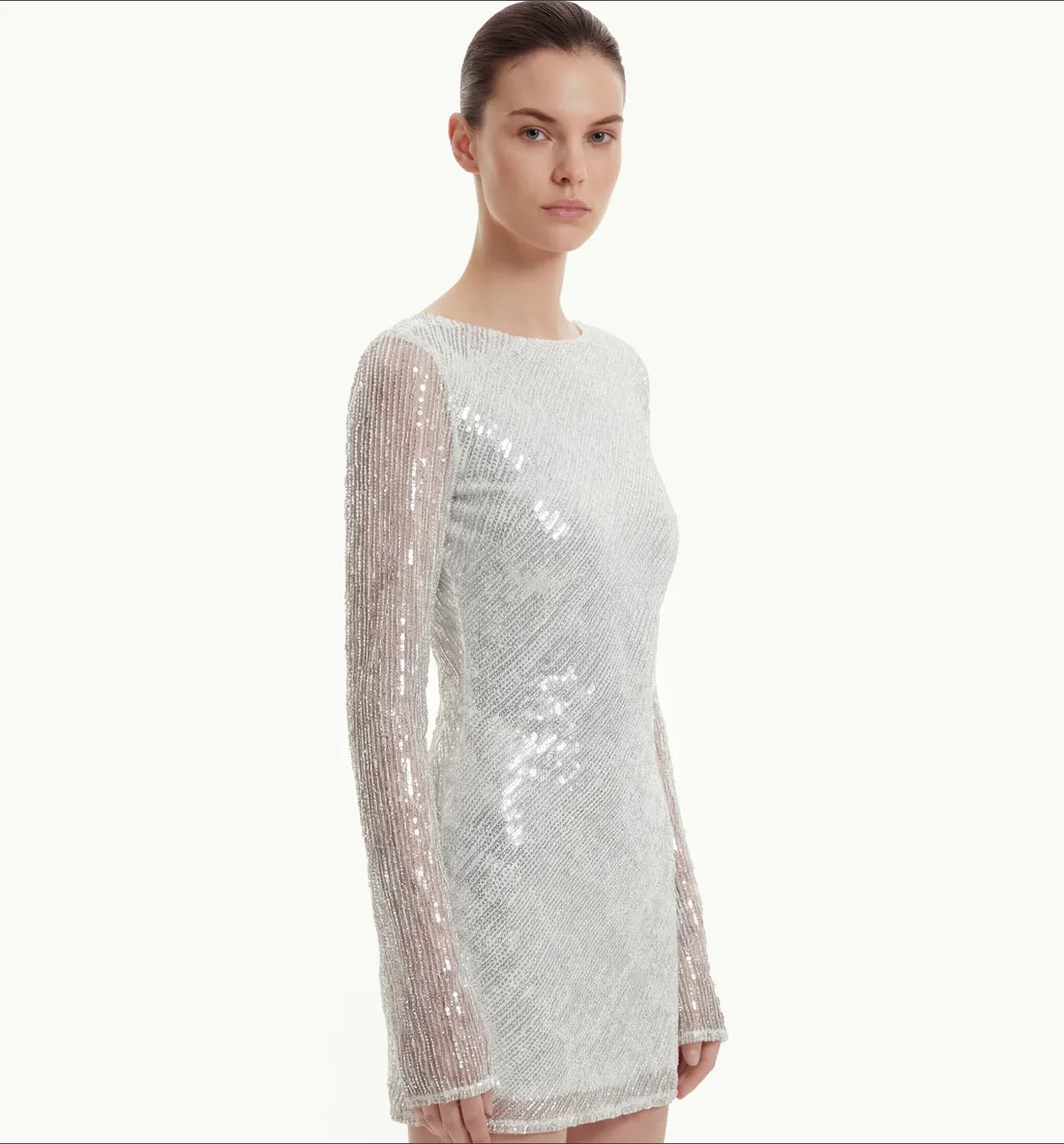 JW PEI White Women Diagonal Sequin Open-Back Long Sleeve Mini Dress  SKU: LDS288-9_White Image 02