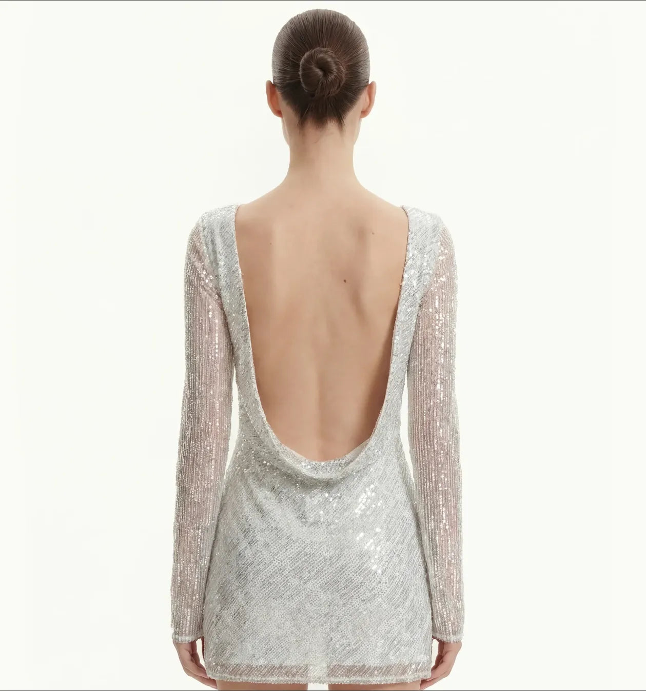 JW PEI White Women Diagonal Sequin Open-Back Long Sleeve Mini Dress  SKU: LDS288-9_White Image 04