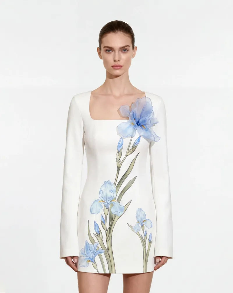 JW PEI White Women 3D Floral Embellished Iris-Print Long Sleeve Mini Dress  SKU: LDS310-2_White Image 01