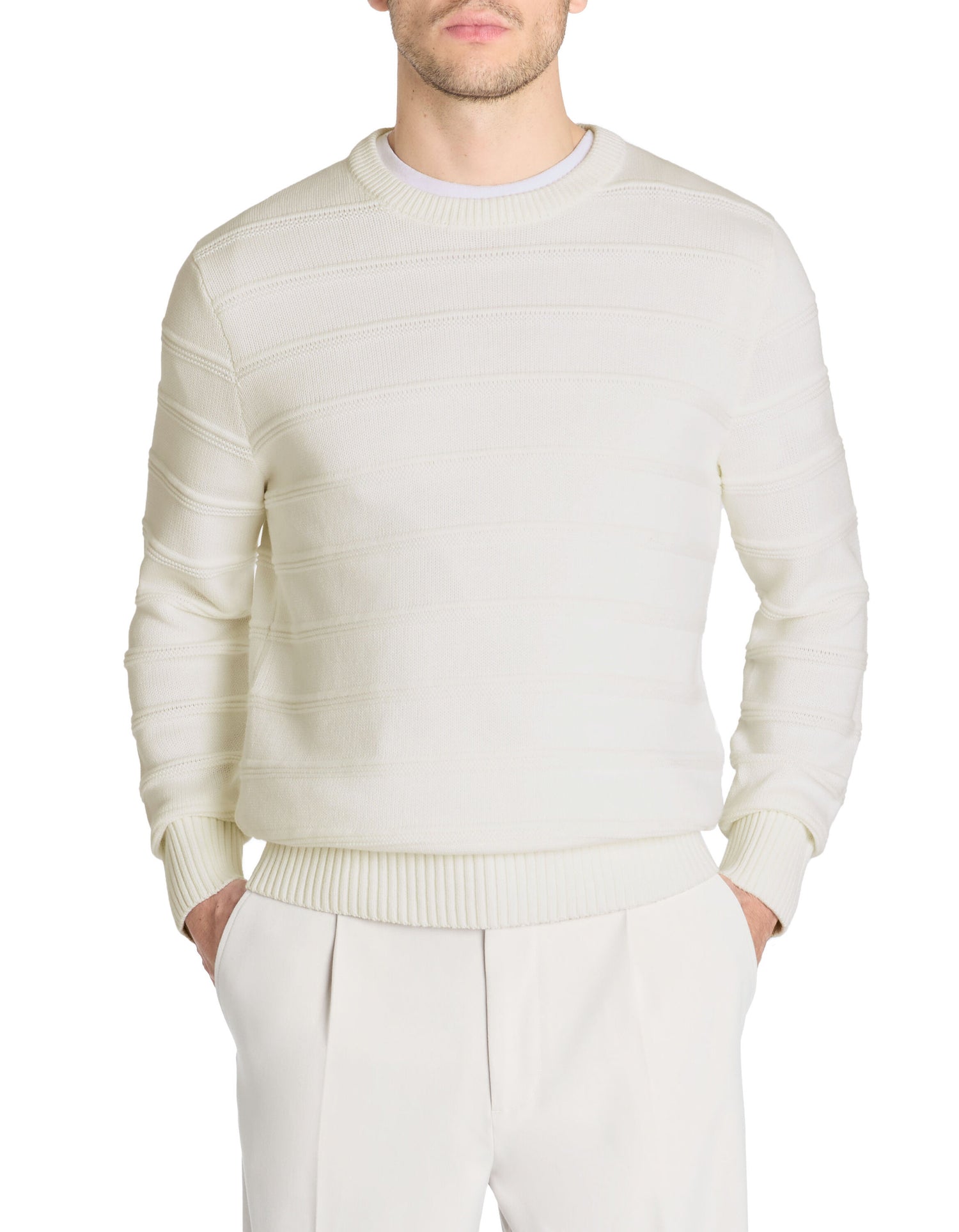 Celio_Ecru 100% Cotton Round-Neck Sweater_LEAARON_ECRU_02