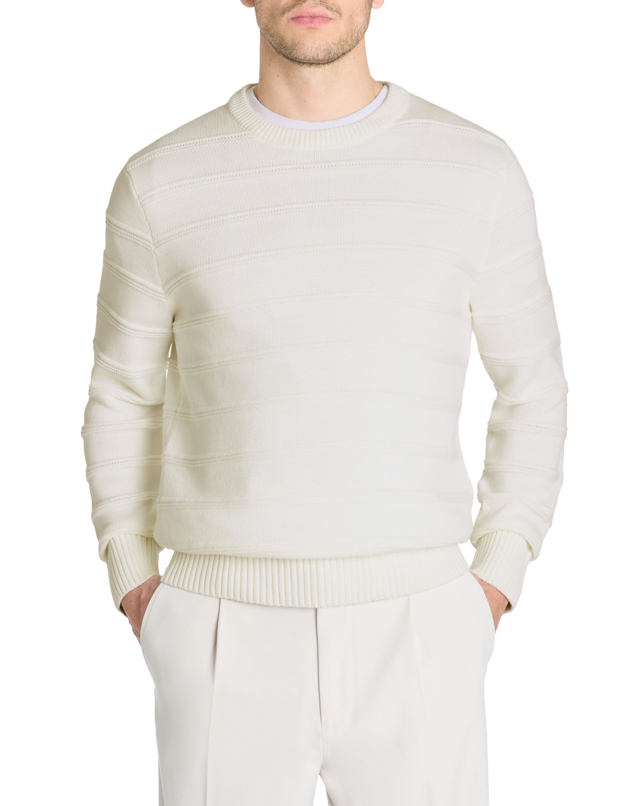 Celio_Ecru 100% Cotton Round-Neck Sweater_LEAARON_ECRU_02