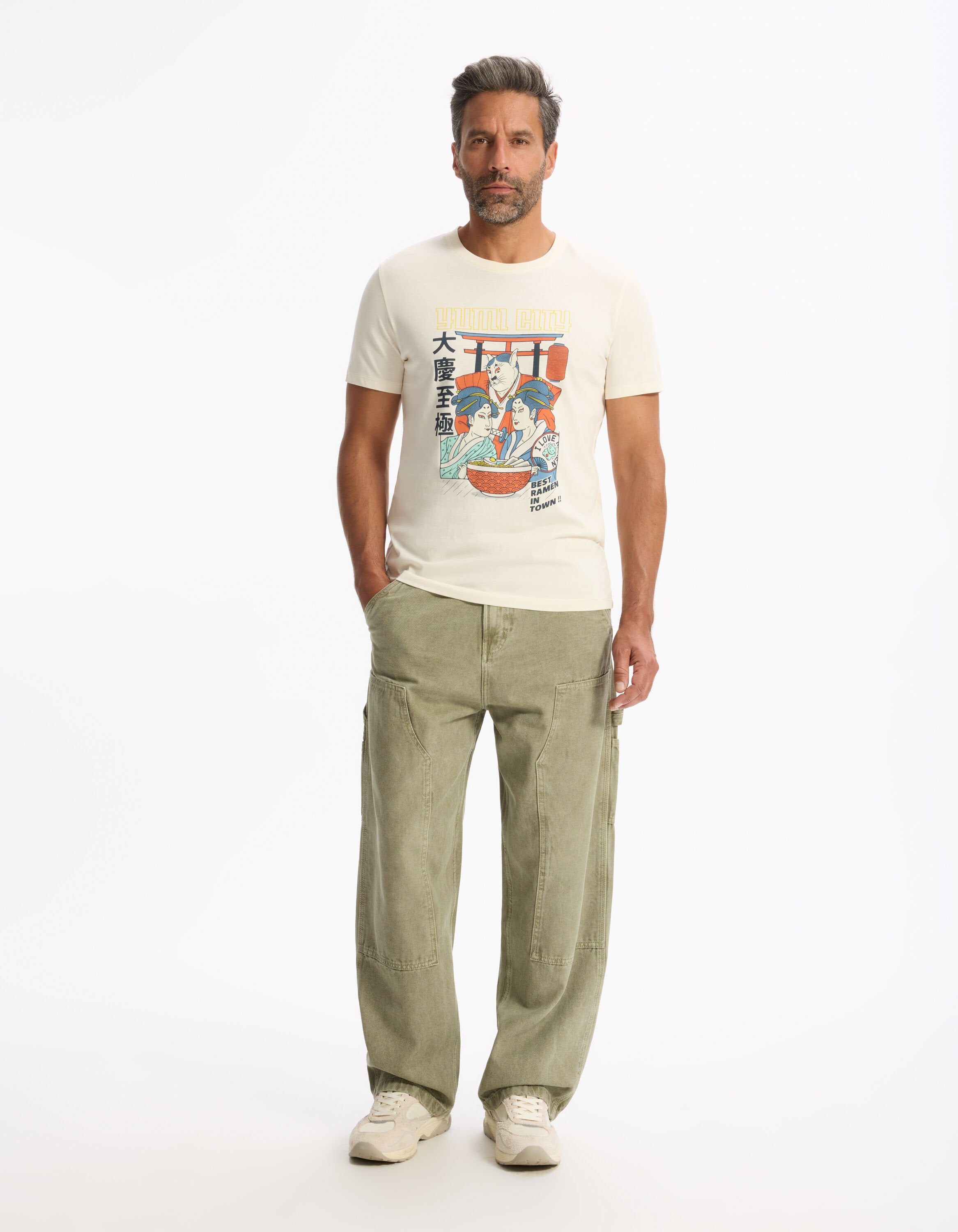 Celio_Beige Straight T-Shirt Round Neck 100% Cotton_LEJAPO_ECRU_01