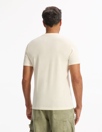 Celio_Beige Straight T-Shirt Round Neck 100% Cotton_LEJAPO_ECRU_03