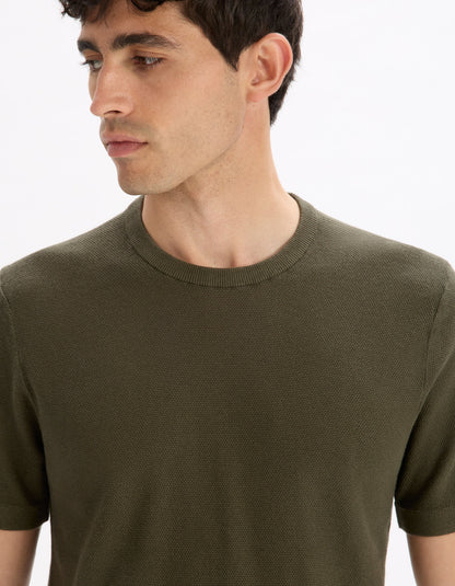 Celio_Khaki Straight T-Shirt Round Neck 100% Cotton_LEPICTI_REAL KHAKI_04
