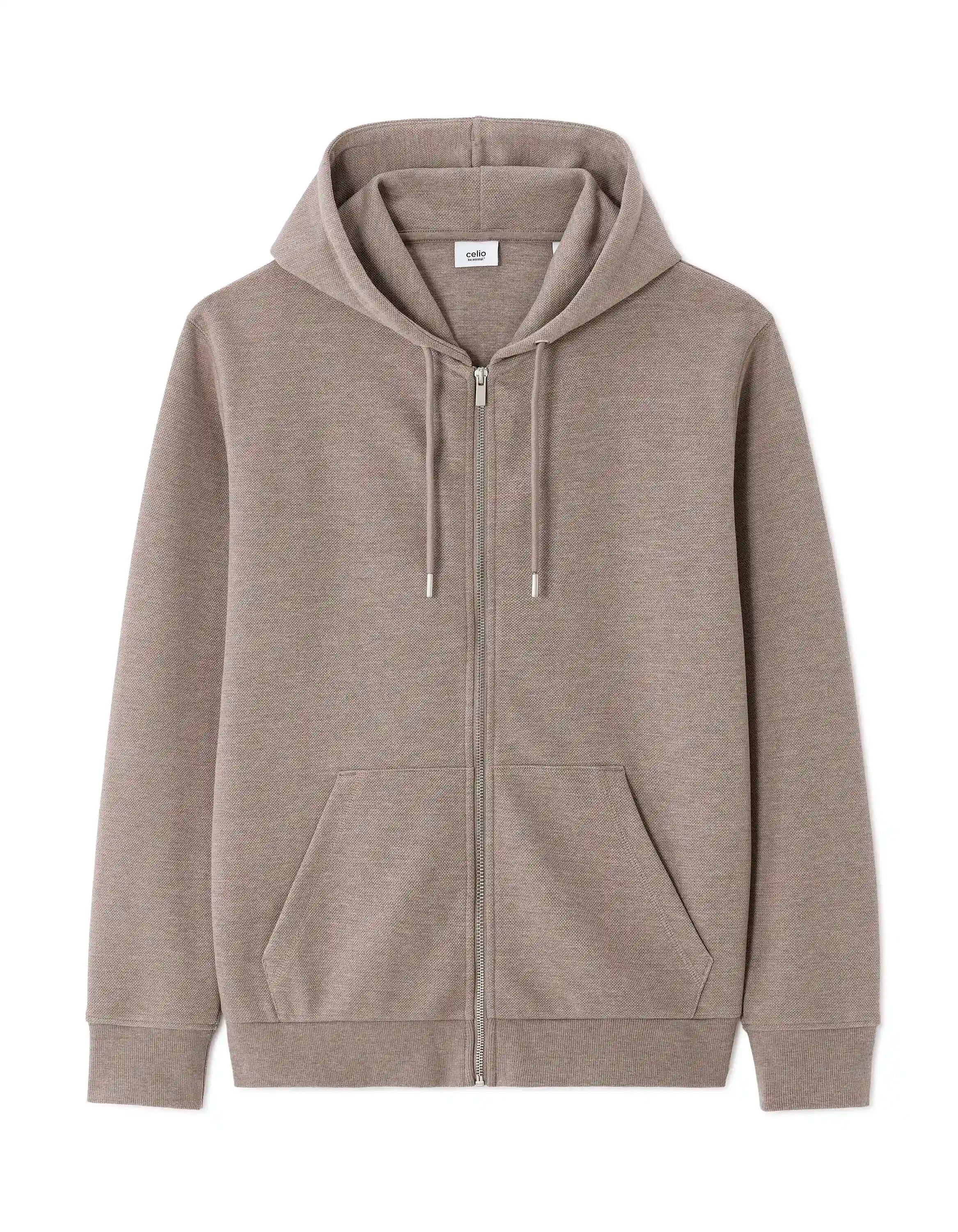 Celio_Heather Taupe_Regular-Fit Zip-Up Pique Hoodie_LEPIQUET_HEATHER TAUPE_05