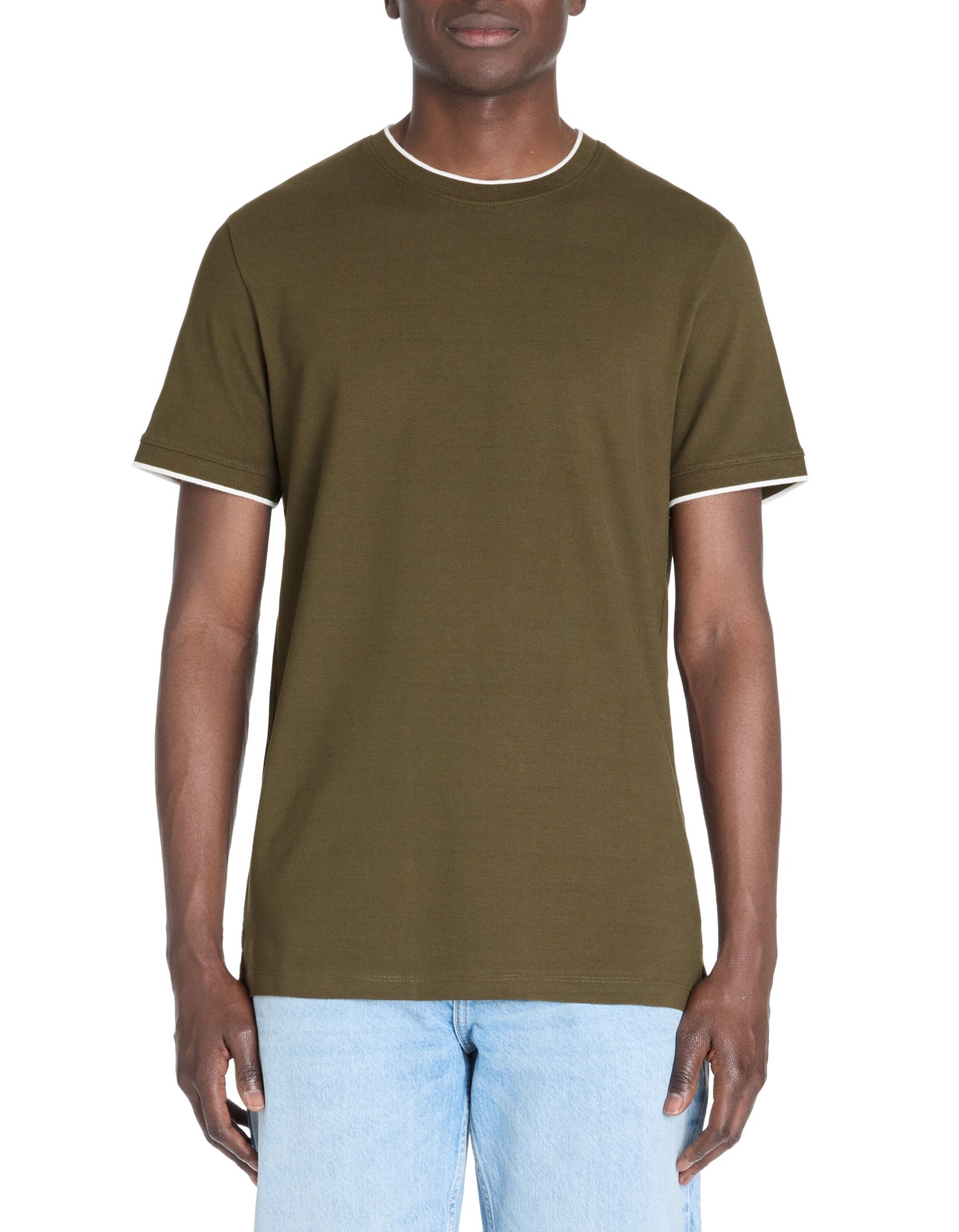 Celio_Khaki Straight Striped Collar T-Shirt in Stretch Cotton_LETERAYE_KHAKI_02