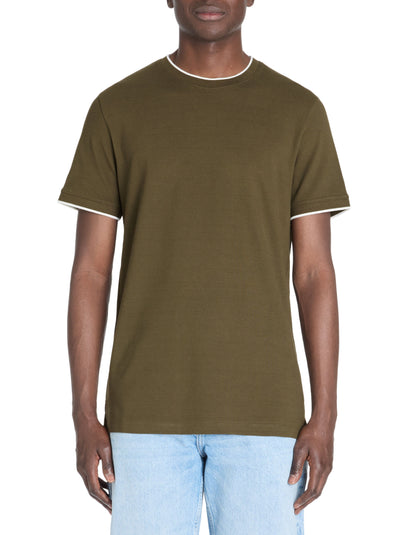 Celio_Khaki Straight Striped Collar T-Shirt in Stretch Cotton_LETERAYE_KHAKI_02