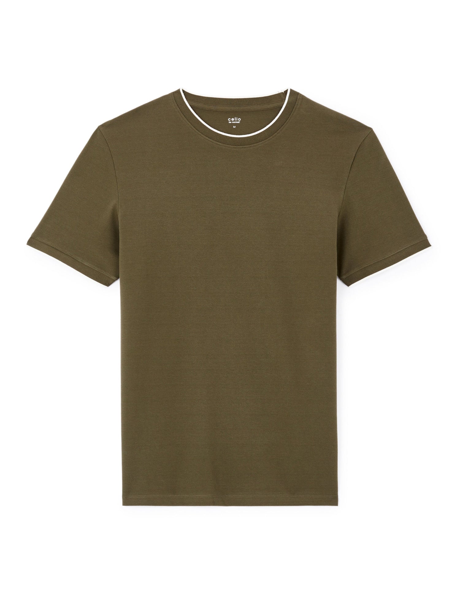 Celio_Khaki Straight Striped Collar T-Shirt in Stretch Cotton_LETERAYE_KHAKI_04