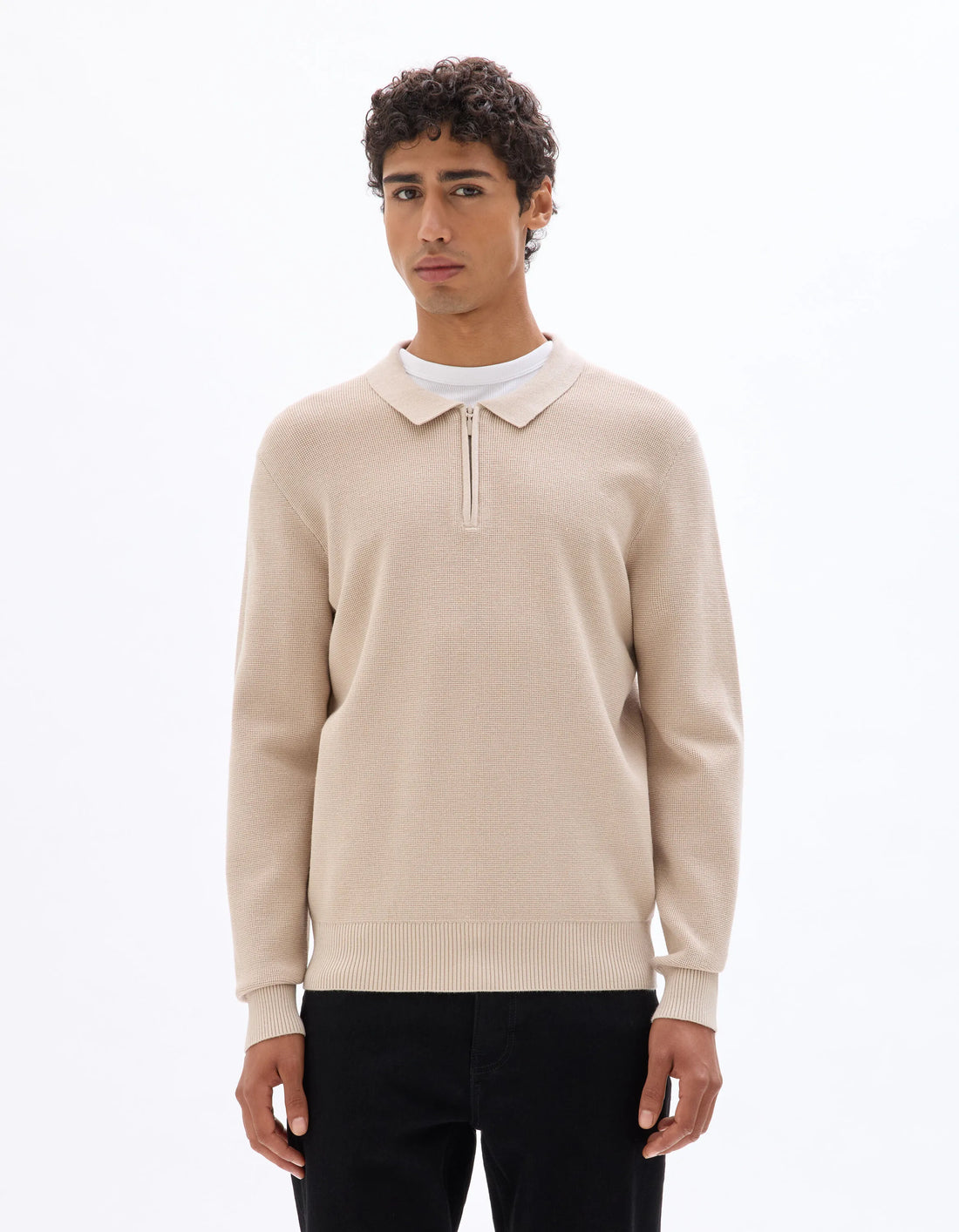 Celio_Beige_Waffle Zip-Up Polo Neck Sweater - Beige_LEVIATAN_BEIGE HUMUS_01