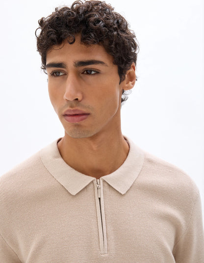 Celio_Beige_Waffle Zip-Up Polo Neck Sweater - Beige_LEVIATAN_BEIGE HUMUS_04