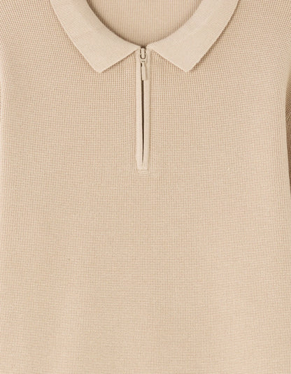 Celio_Beige_Waffle Zip-Up Polo Neck Sweater - Beige_LEVIATAN_BEIGE HUMUS_05