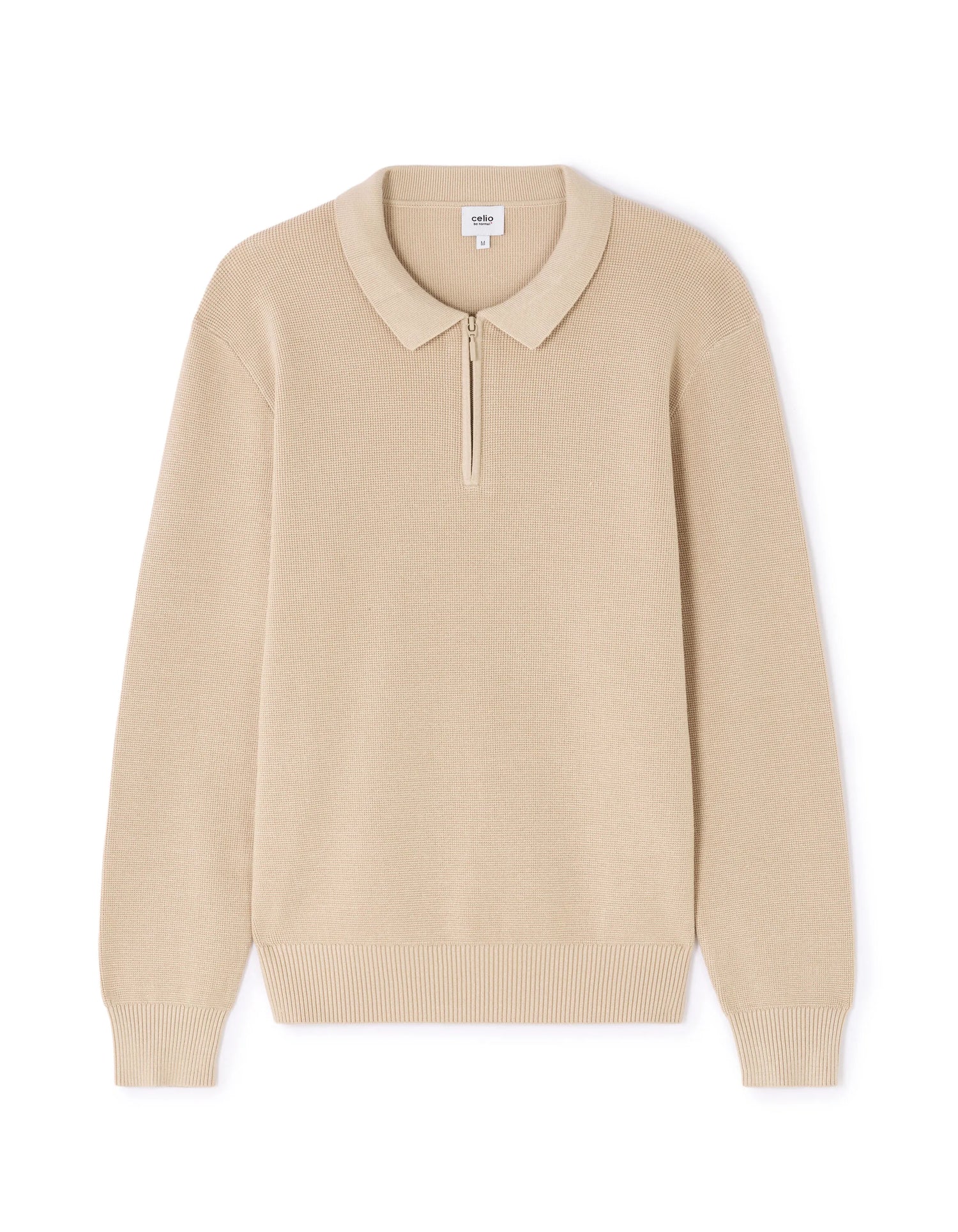 Celio_Beige_Waffle Zip-Up Polo Neck Sweater - Beige_LEVIATAN_BEIGE HUMUS_07