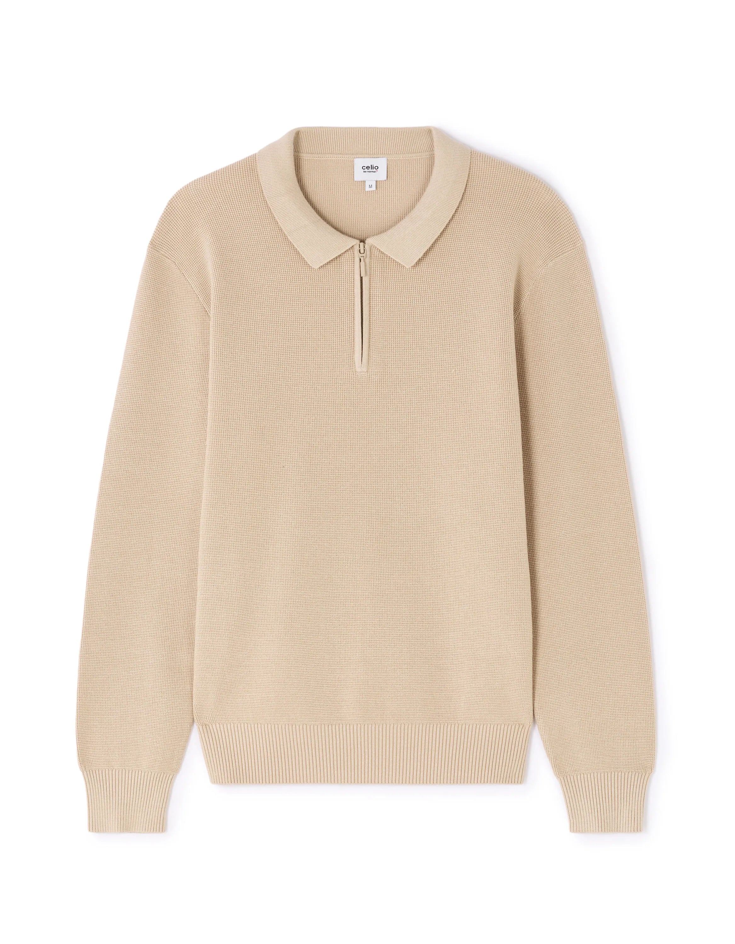 Celio_Beige_Waffle Zip-Up Polo Neck Sweater - Beige_LEVIATAN_BEIGE HUMUS_07