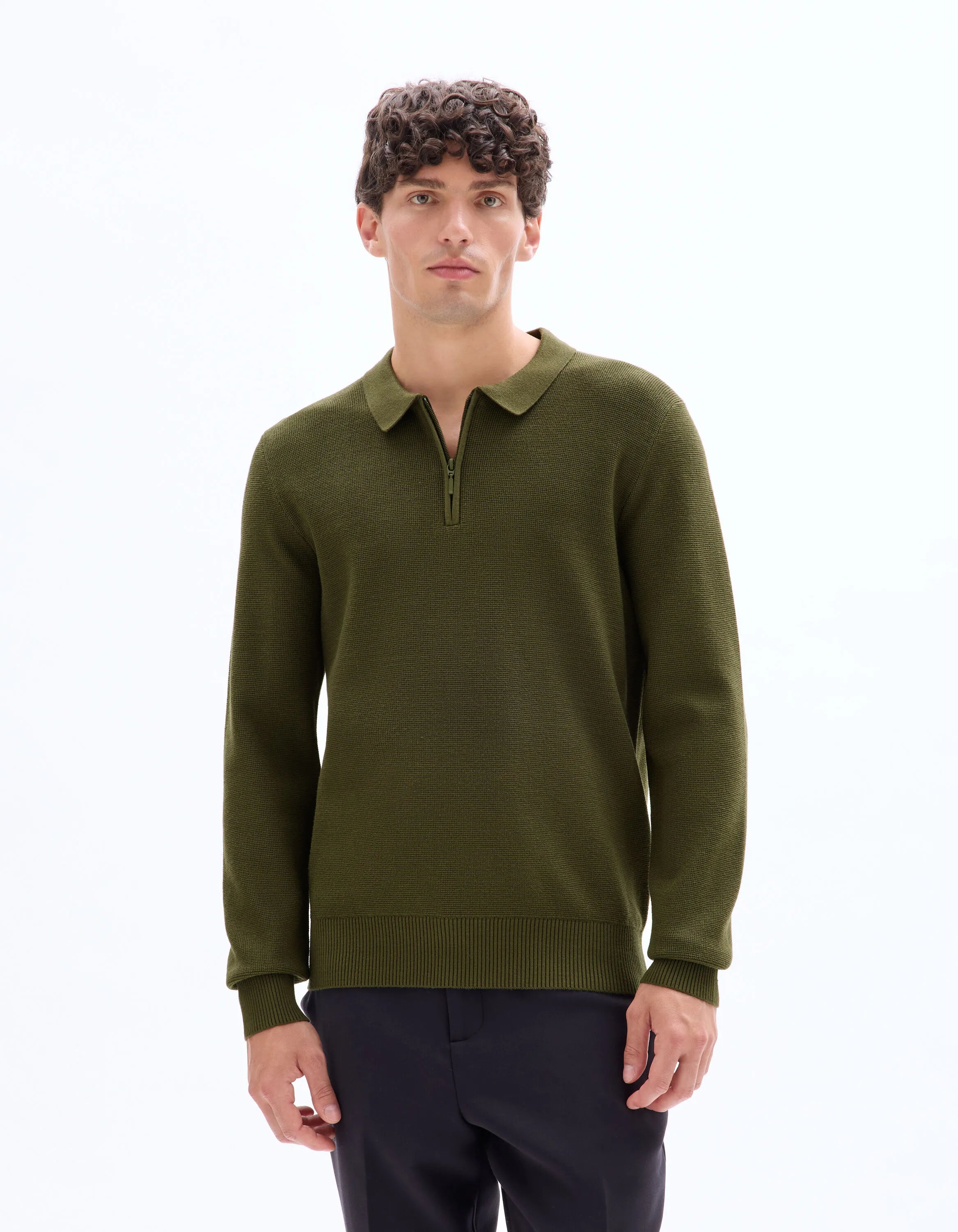 Celio_Green_Waffle Zip-Up Polo Neck Sweater - Khaki_LEVIATAN_KAKI_01