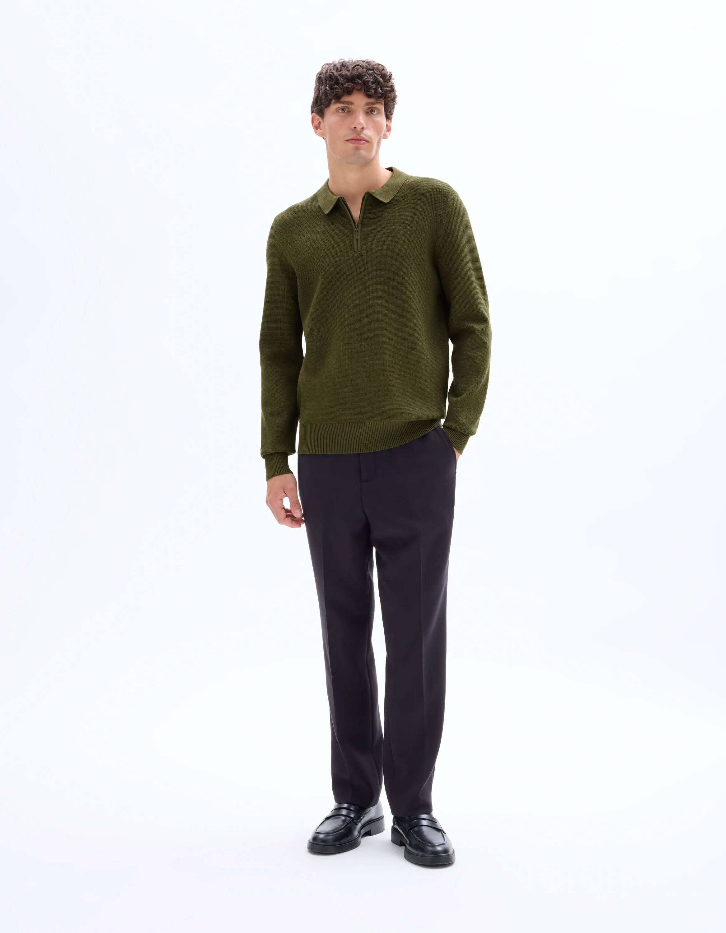 Celio_Green_Waffle Zip-Up Polo Neck Sweater - Khaki_LEVIATAN_KAKI_02