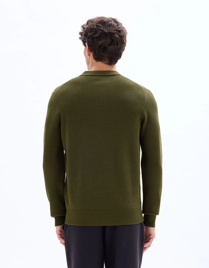 Celio_Green_Waffle Zip-Up Polo Neck Sweater - Khaki_LEVIATAN_KAKI_03