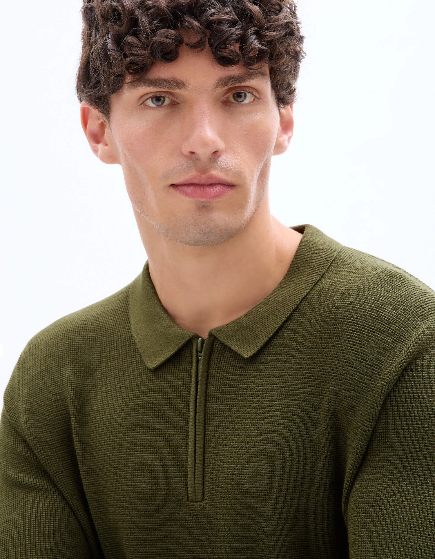 Celio_Green_Waffle Zip-Up Polo Neck Sweater - Khaki_LEVIATAN_KAKI_04