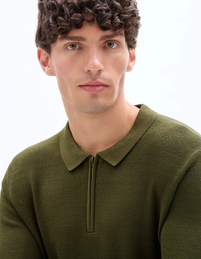 Celio_Green_Waffle Zip-Up Polo Neck Sweater - Khaki_LEVIATAN_KAKI_04
