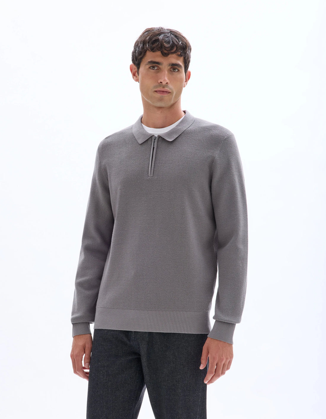 Celio_Grey_Embossed Zipped Polo Collar Sweater - Gray_LEVIATAN_MID GREY_01