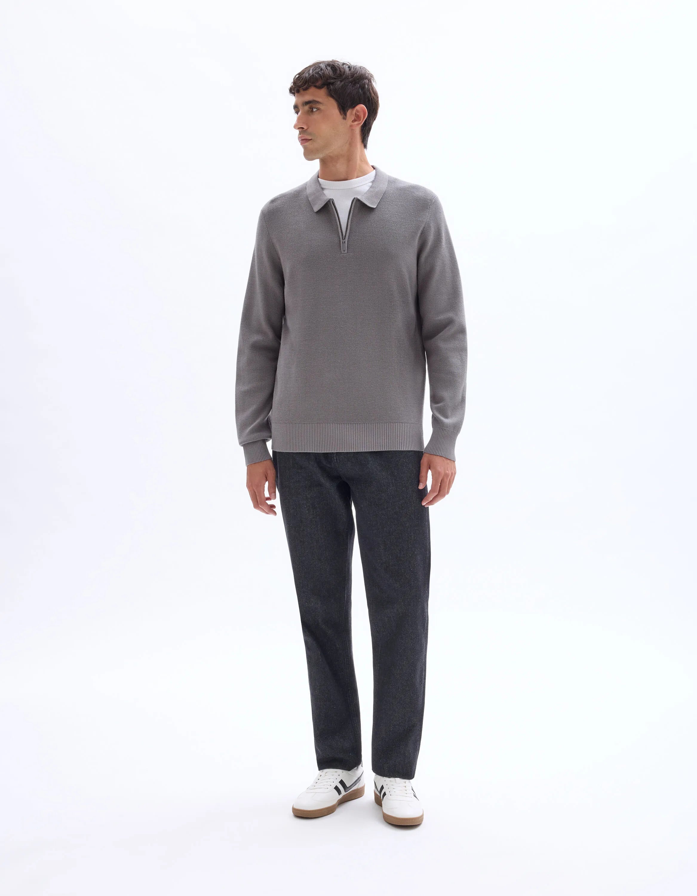Celio_Grey_Embossed Zipped Polo Collar Sweater - Gray_LEVIATAN_MID GREY_02