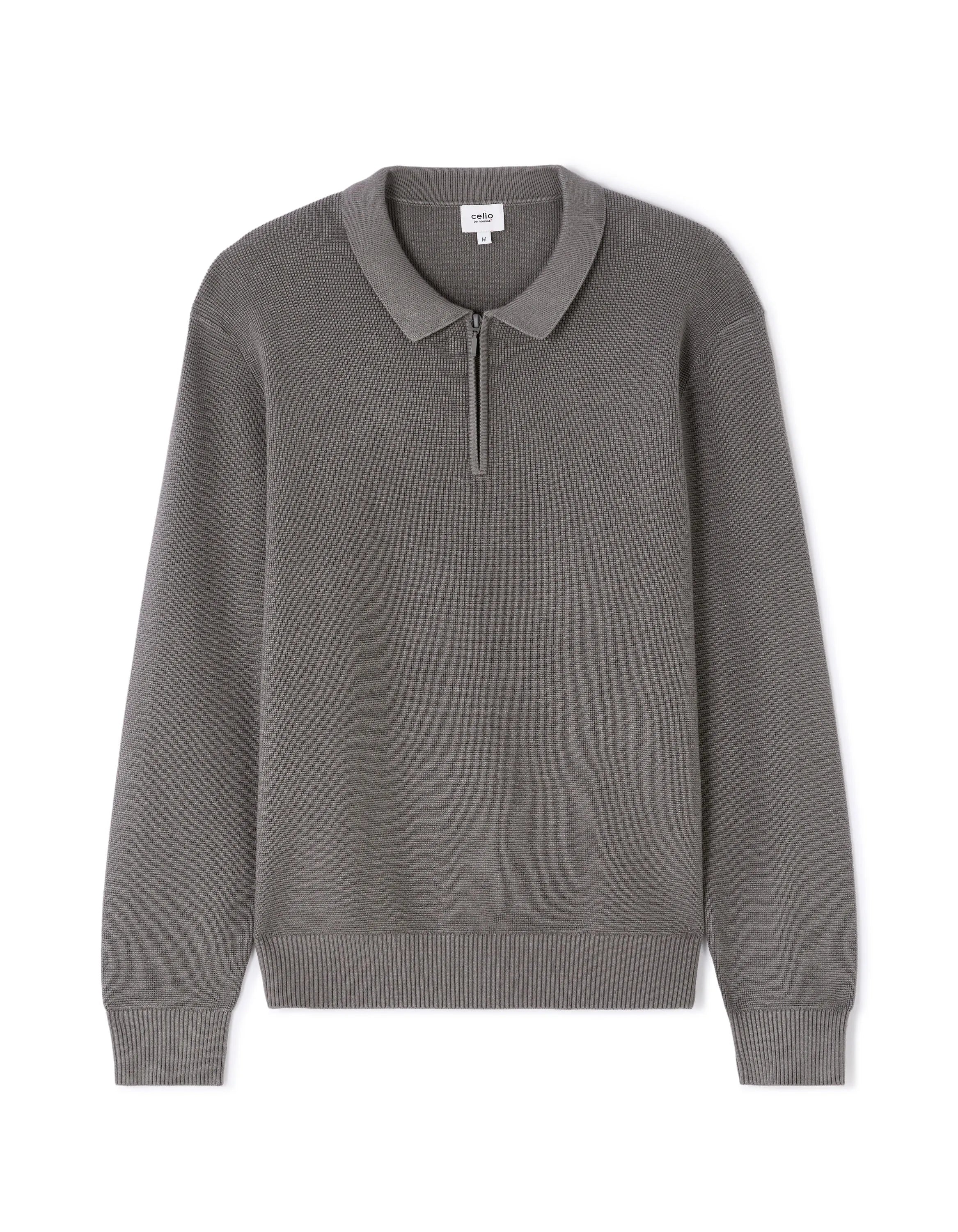 Celio_Grey_Embossed Zipped Polo Collar Sweater - Gray_LEVIATAN_MID GREY_07